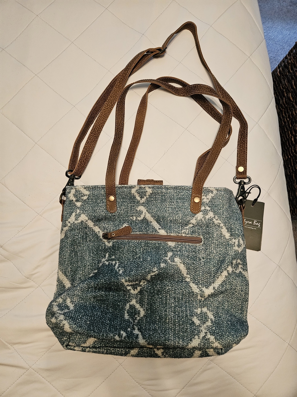 Blue Patterned Tote Bag with Brown Straps - Myra Bag